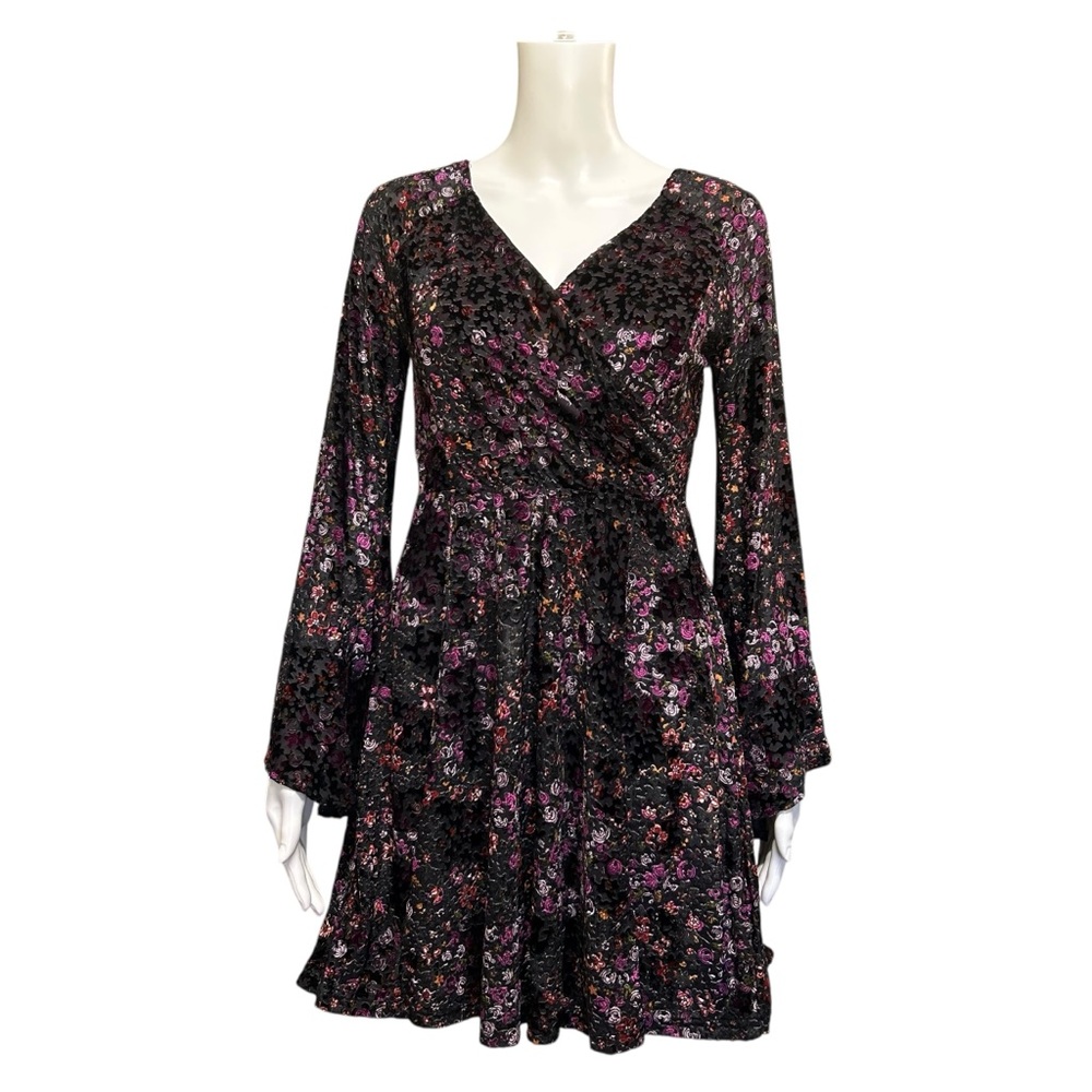Papillon Purple Black Burnt Out Floral Mini Dress Size XS